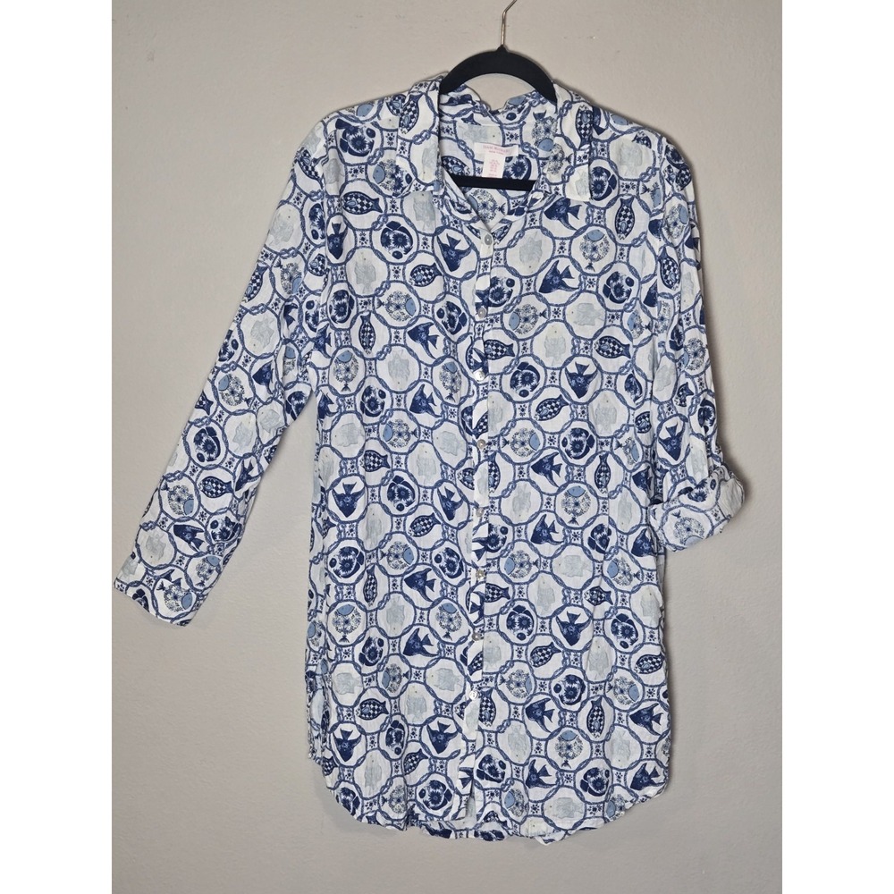 Isaac Mizrahi Linen Beach Nautical Fish Button Up Shirt Dress Cover Up Womens X